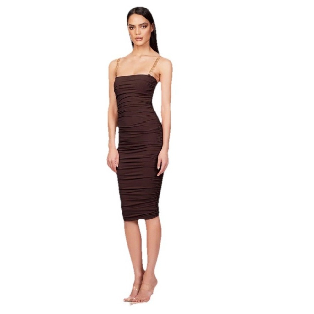 NWT Nookie Chocolate Allegra Ruched Midi Dress XS Sold Out On Revolve